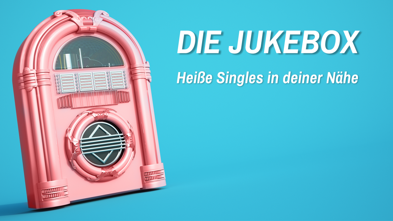 Eine pinke Jukebox auf blauem Grund. Daneben der Text: Die Jukebox - Heiße Singles in deiner Nähe