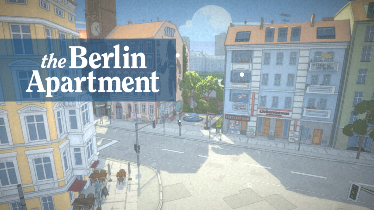 Man sieht einen Straßenstrich Berlins, darüber der Titel des Spiels "The Berlin Apartment".